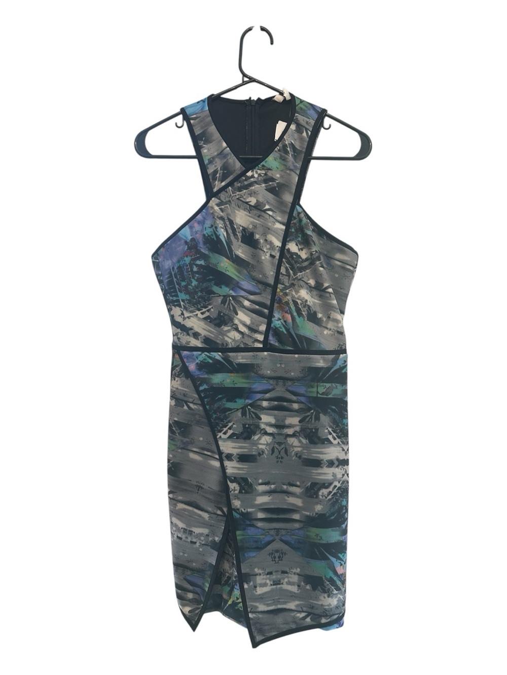 NWT Parker Gray Abstract Print Asymmetric Sheath Dress with Black Trim Small